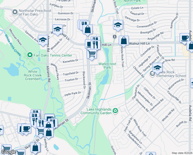 map of restaurants, bars, coffee shops, grocery stores, and more near 7056 Silverberry Street in Dallas