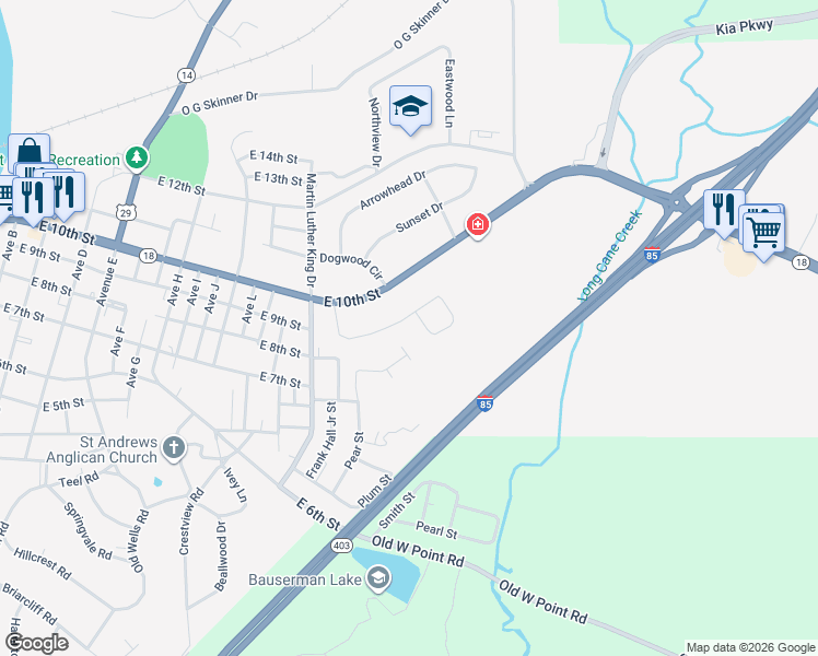 map of restaurants, bars, coffee shops, grocery stores, and more near 1422 Higgins Street in West Point