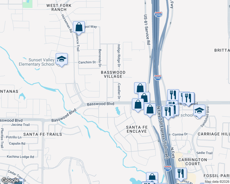 map of restaurants, bars, coffee shops, grocery stores, and more near 7444 Sienna Ridge Ln in Fort Worth