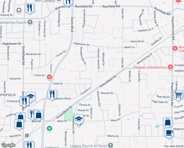 map of restaurants, bars, coffee shops, grocery stores, and more near 6926 Crystal Lane in North Richland Hills
