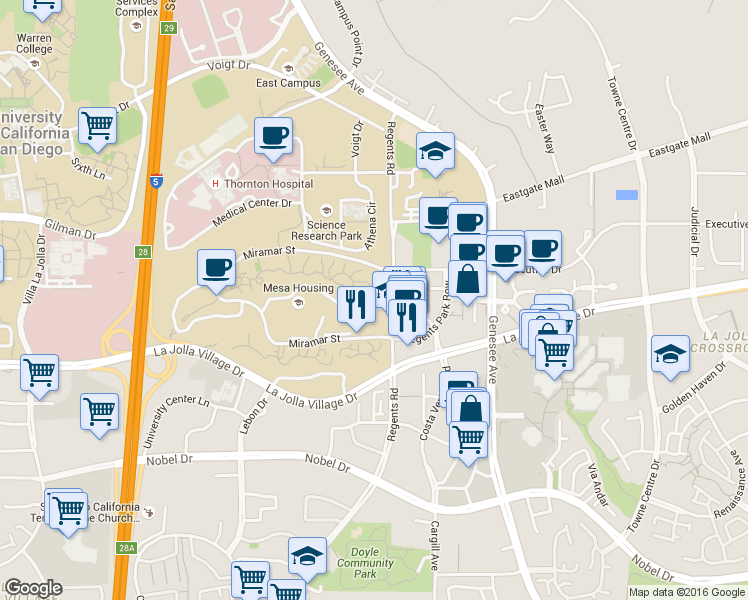 map of restaurants, bars, coffee shops, grocery stores, and more near 4067 La Jolla Village Drive in San Diego