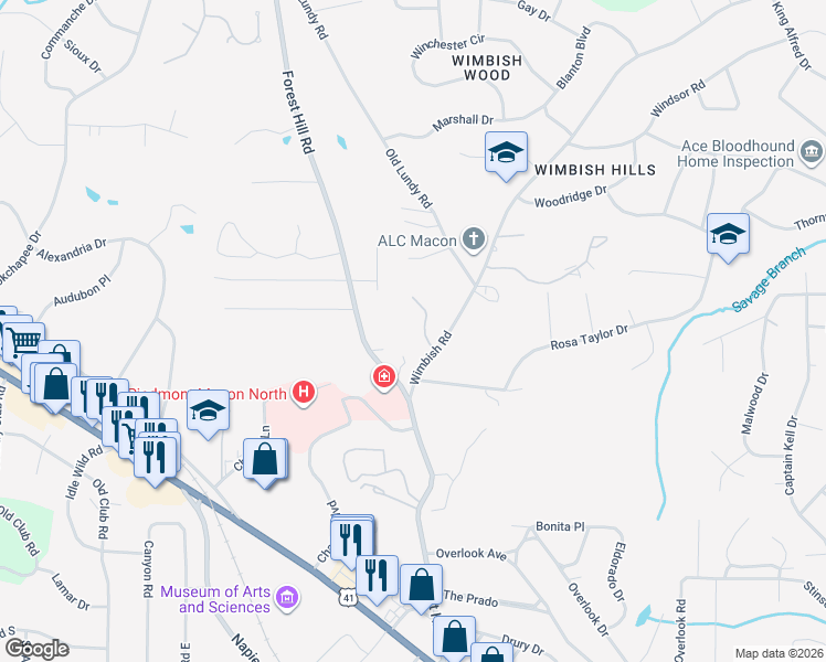 map of restaurants, bars, coffee shops, grocery stores, and more near 524 High Point North Road in Macon