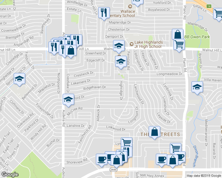 map of restaurants, bars, coffee shops, grocery stores, and more near 10044 Ridgehaven Drive in Dallas