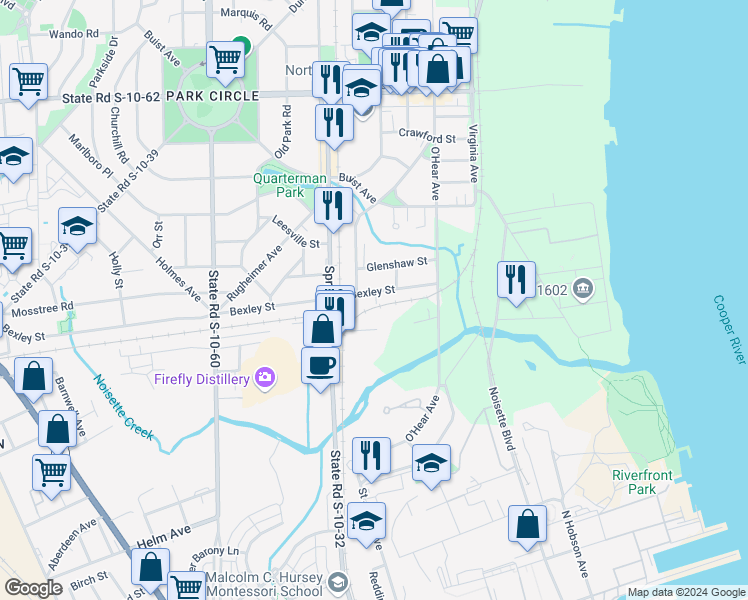 map of restaurants, bars, coffee shops, grocery stores, and more near 1081 State Road S-10-672 in North Charleston