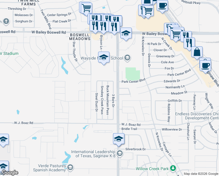map of restaurants, bars, coffee shops, grocery stores, and more near 8509 3 Bars Drive in Fort Worth