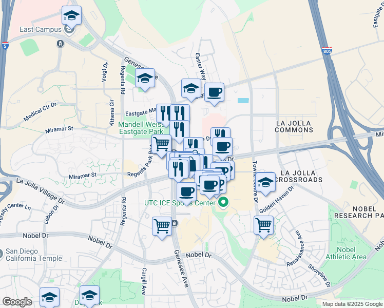 map of restaurants, bars, coffee shops, grocery stores, and more near 4365 Executive Drive in San Diego