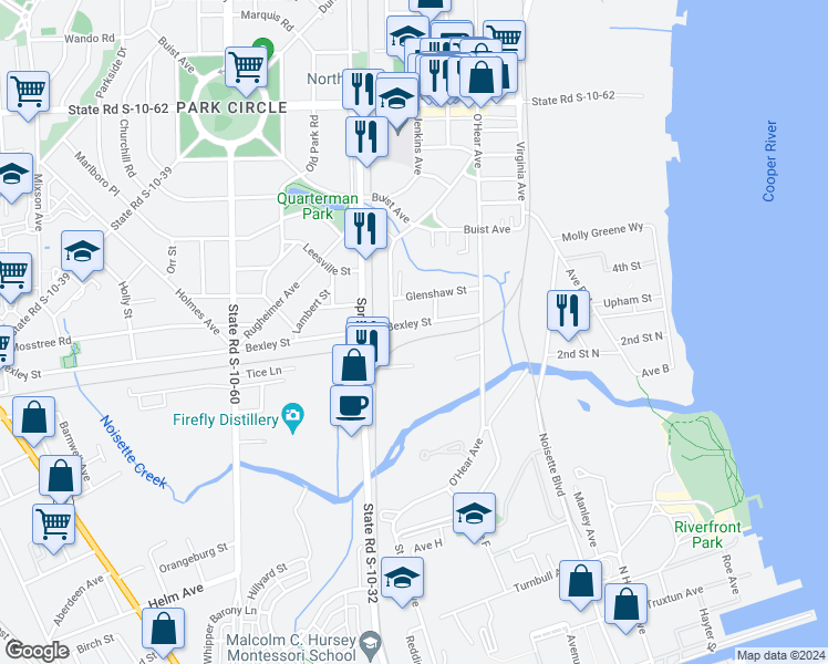 map of restaurants, bars, coffee shops, grocery stores, and more near 1085 Bexley Street in North Charleston