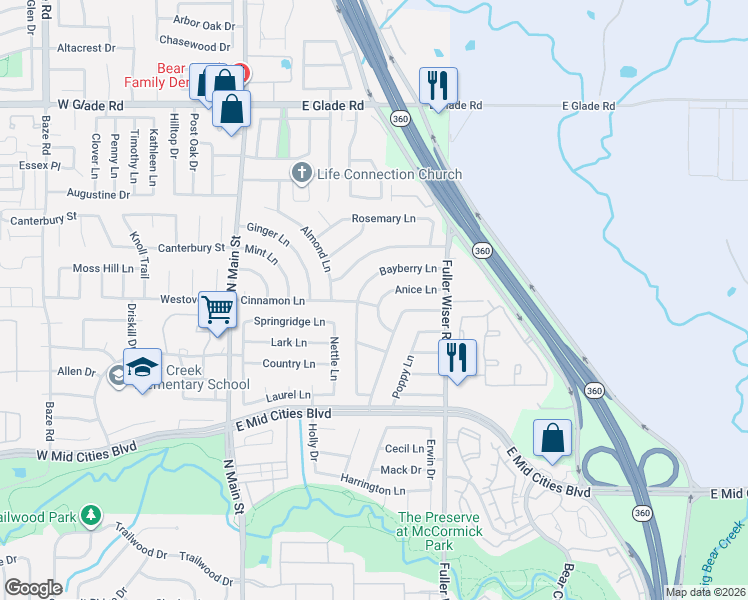 map of restaurants, bars, coffee shops, grocery stores, and more near 415 Anice Lane in Euless