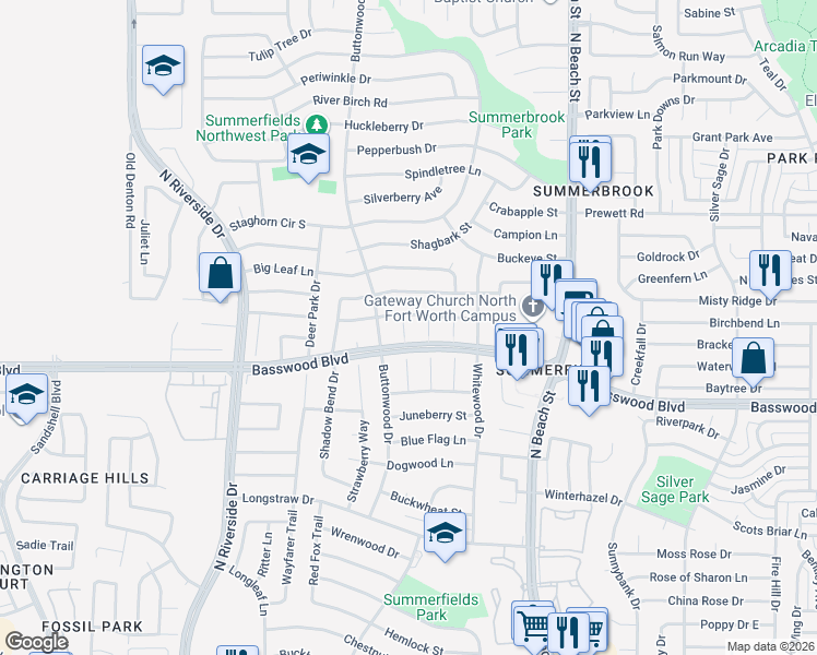 map of restaurants, bars, coffee shops, grocery stores, and more near 7408 Mulberry Ct in Fort Worth