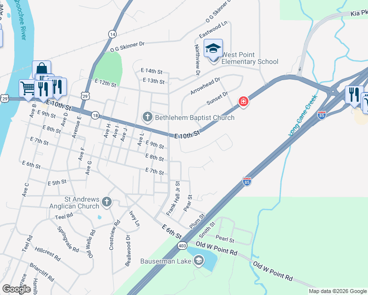 map of restaurants, bars, coffee shops, grocery stores, and more near 1401 Higgins Street in West Point