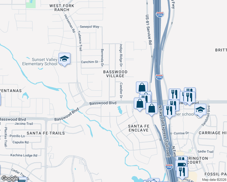 map of restaurants, bars, coffee shops, grocery stores, and more near 7444 Sienna Ridge Lane in Fort Worth