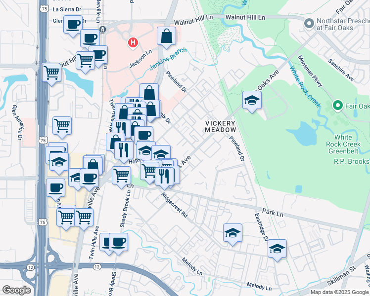 map of restaurants, bars, coffee shops, grocery stores, and more near 7175 Fair Oaks Avenue in Dallas