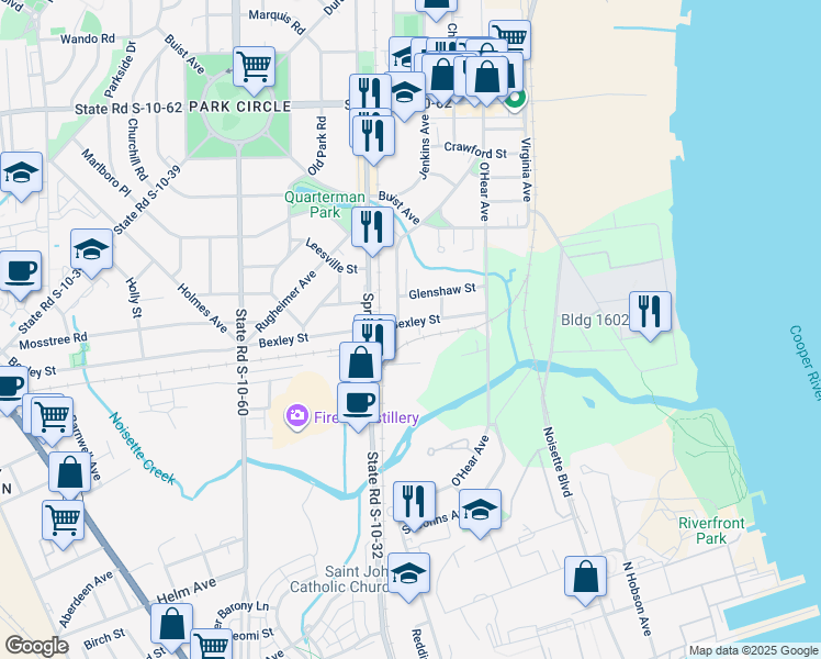 map of restaurants, bars, coffee shops, grocery stores, and more near 1085 Bexley Street in North Charleston