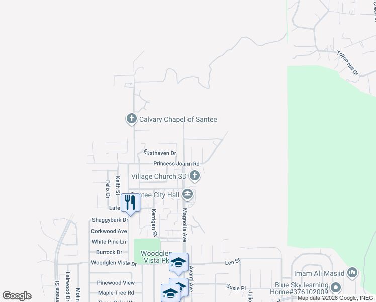 map of restaurants, bars, coffee shops, grocery stores, and more near 10824 Stoney Creek Court in Santee