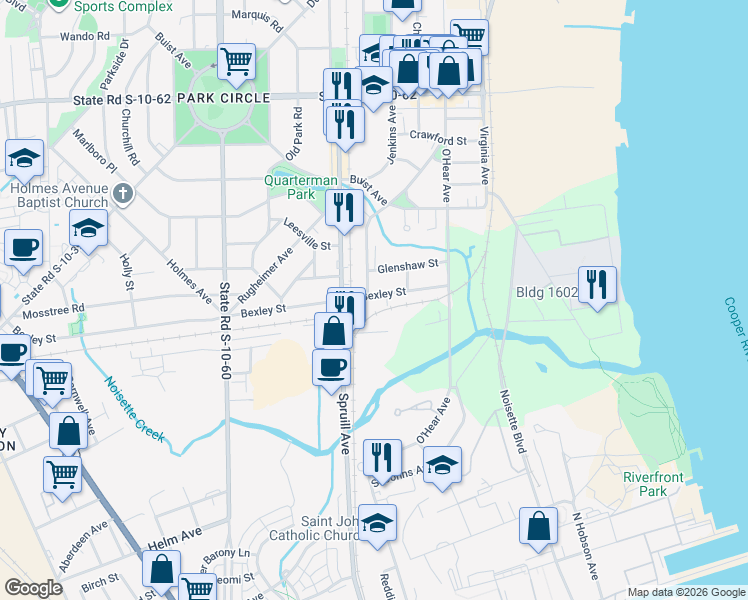 map of restaurants, bars, coffee shops, grocery stores, and more near 1085 Bexley Street in North Charleston