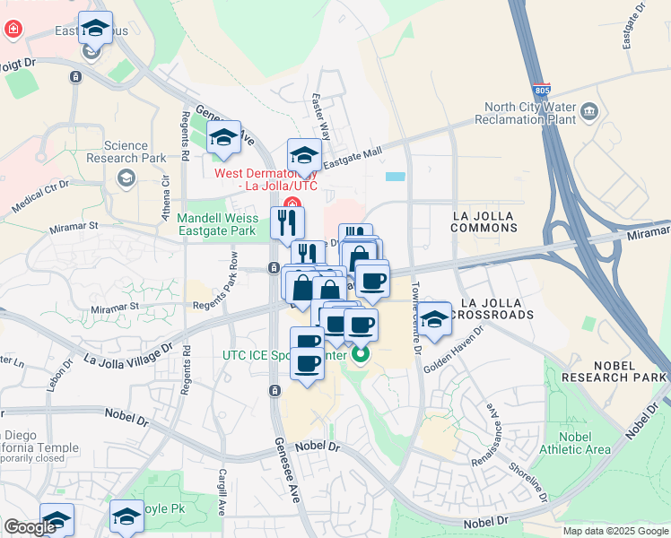 map of restaurants, bars, coffee shops, grocery stores, and more near 4370 La Jolla Village Drive in San Diego