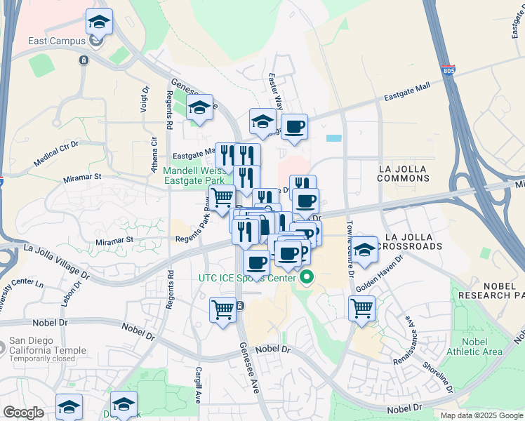 map of restaurants, bars, coffee shops, grocery stores, and more near 4320 La Jolla Village Drive in San Diego