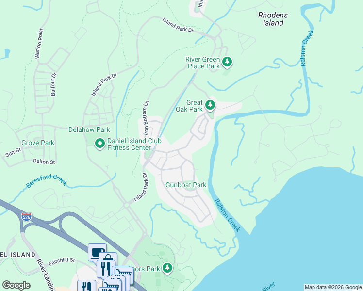map of restaurants, bars, coffee shops, grocery stores, and more near 555 Park Crossing Drive in Charleston