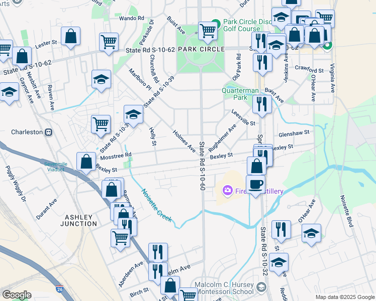 map of restaurants, bars, coffee shops, grocery stores, and more near 4331 Holmes Avenue in North Charleston