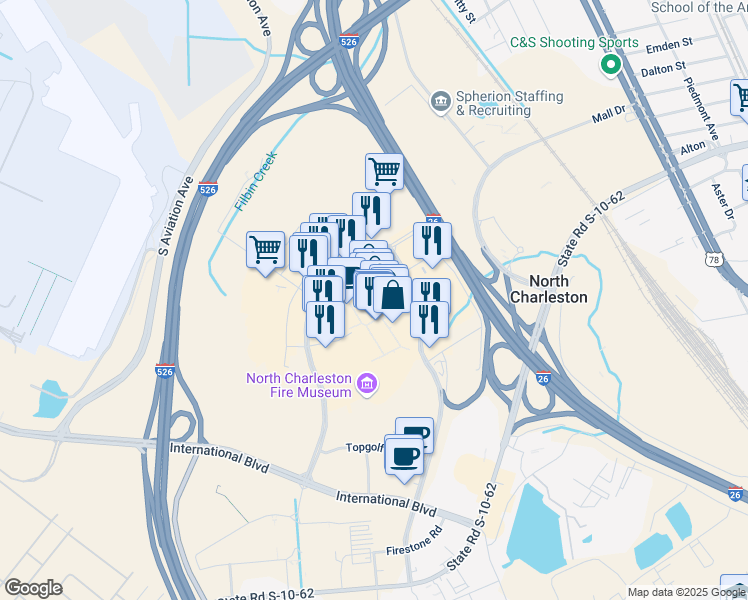 map of restaurants, bars, coffee shops, grocery stores, and more near 4840 Tanger Outlet Boulevard in North Charleston
