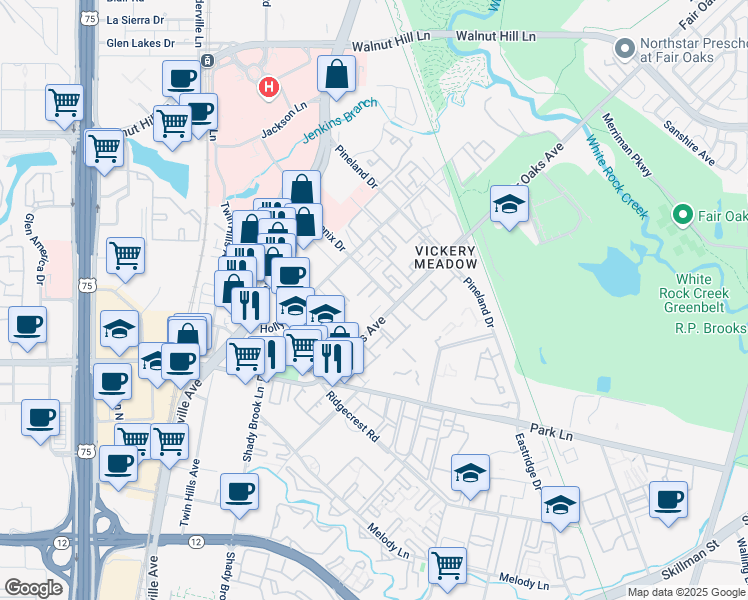 map of restaurants, bars, coffee shops, grocery stores, and more near 7175 Fair Oaks Avenue in Dallas