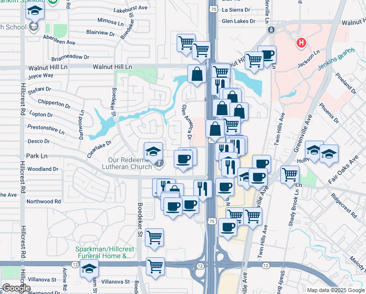 map of restaurants, bars, coffee shops, grocery stores, and more near 7831 Park Lane in Dallas