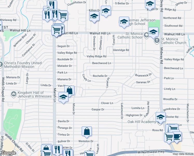 map of restaurants, bars, coffee shops, grocery stores, and more near 3950 Rochelle Drive in Dallas