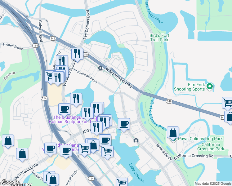map of restaurants, bars, coffee shops, grocery stores, and more near 601 Lake Carolyn Parkway in Irving