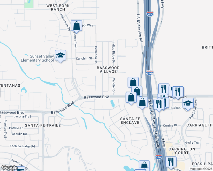 map of restaurants, bars, coffee shops, grocery stores, and more near 7444 Sienna Ridge Lane in Fort Worth