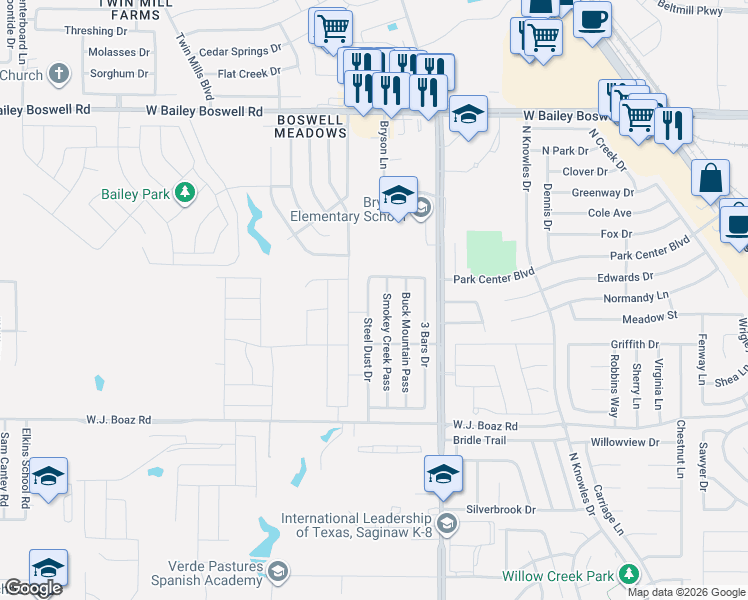 map of restaurants, bars, coffee shops, grocery stores, and more near 8505 Steel Dust Drive in Fort Worth