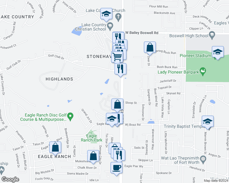 map of restaurants, bars, coffee shops, grocery stores, and more near 8301 Boat Club Road in Fort Worth