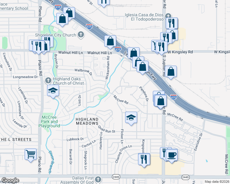 map of restaurants, bars, coffee shops, grocery stores, and more near 13246 Pandora Drive in Dallas