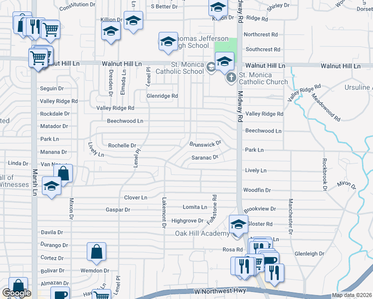 map of restaurants, bars, coffee shops, grocery stores, and more near 9644 Lakemont Drive in Dallas