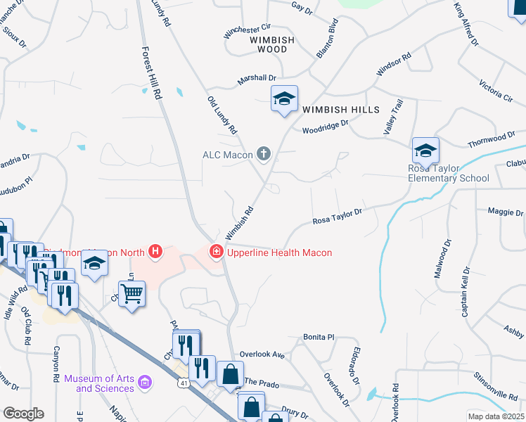 map of restaurants, bars, coffee shops, grocery stores, and more near 565 Wimbish Road in Macon
