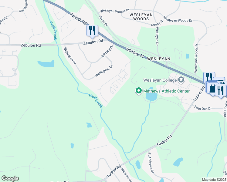 map of restaurants, bars, coffee shops, grocery stores, and more near 120 Covington Place in Macon