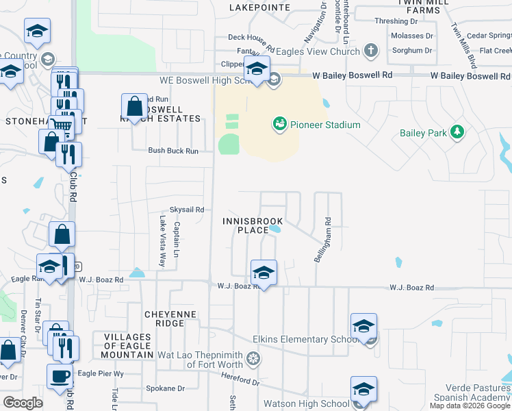 map of restaurants, bars, coffee shops, grocery stores, and more near 7629 Innisbrook Lane in Fort Worth