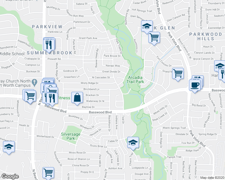 map of restaurants, bars, coffee shops, grocery stores, and more near 7456 Blackthorn Drive in Fort Worth