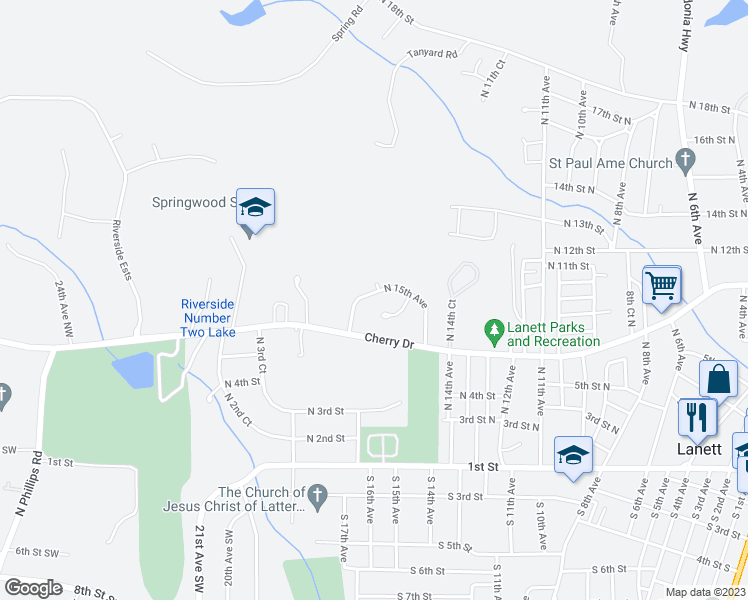 map of restaurants, bars, coffee shops, grocery stores, and more near 610 North 17th Avenue in Lanett