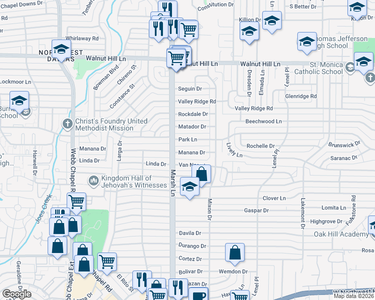 map of restaurants, bars, coffee shops, grocery stores, and more near 3729 Manana Drive in Dallas