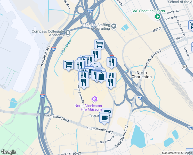map of restaurants, bars, coffee shops, grocery stores, and more near 4840 Tanger Outlet Boulevard in North Charleston
