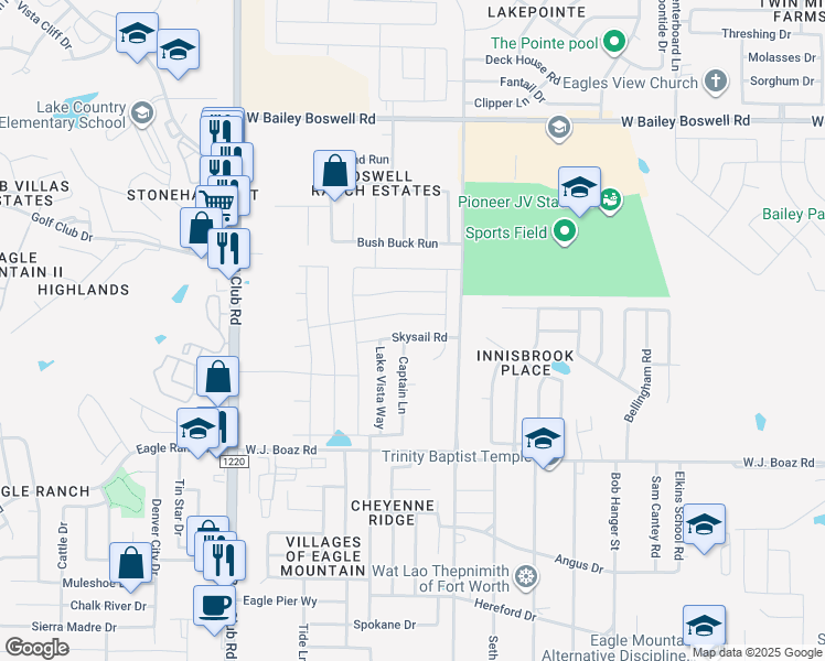map of restaurants, bars, coffee shops, grocery stores, and more near 6240 Skysail Road in Fort Worth