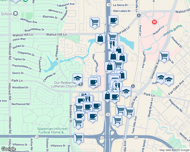 map of restaurants, bars, coffee shops, grocery stores, and more near 7831 Park Lane in Dallas