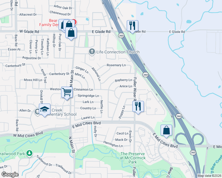 map of restaurants, bars, coffee shops, grocery stores, and more near 415 Anice Lane in Euless