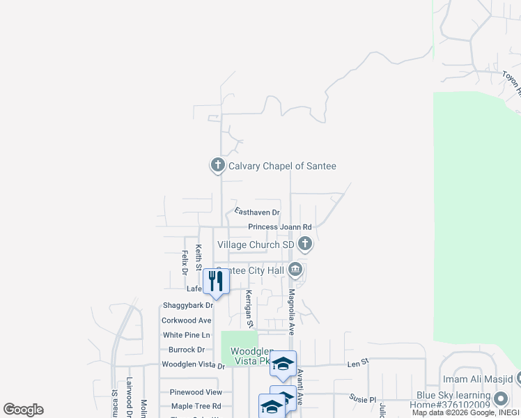 map of restaurants, bars, coffee shops, grocery stores, and more near 10256 Easthaven Drive in Santee