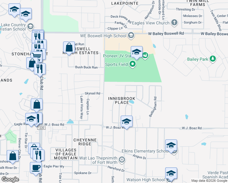 map of restaurants, bars, coffee shops, grocery stores, and more near 6156 Lochmoor Drive in Fort Worth