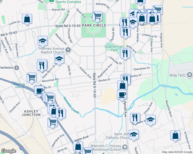 map of restaurants, bars, coffee shops, grocery stores, and more near 1191 Mosstree Road in North Charleston
