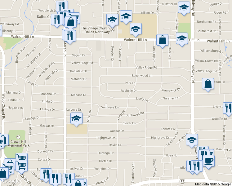 map of restaurants, bars, coffee shops, grocery stores, and more near 3950 Rochelle Dr in Dallas