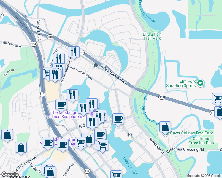 map of restaurants, bars, coffee shops, grocery stores, and more near 601 Lake Carolyn Parkway in Irving