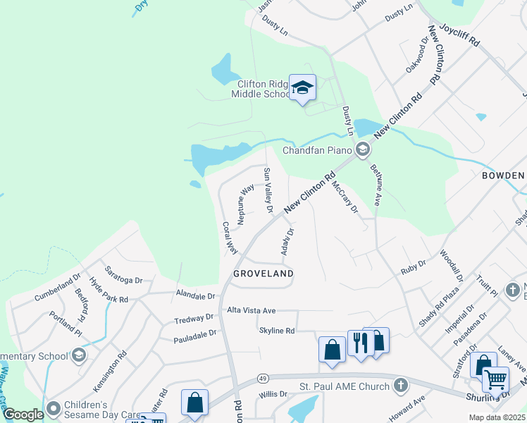 map of restaurants, bars, coffee shops, grocery stores, and more near 107 Sun Valley Drive in Macon