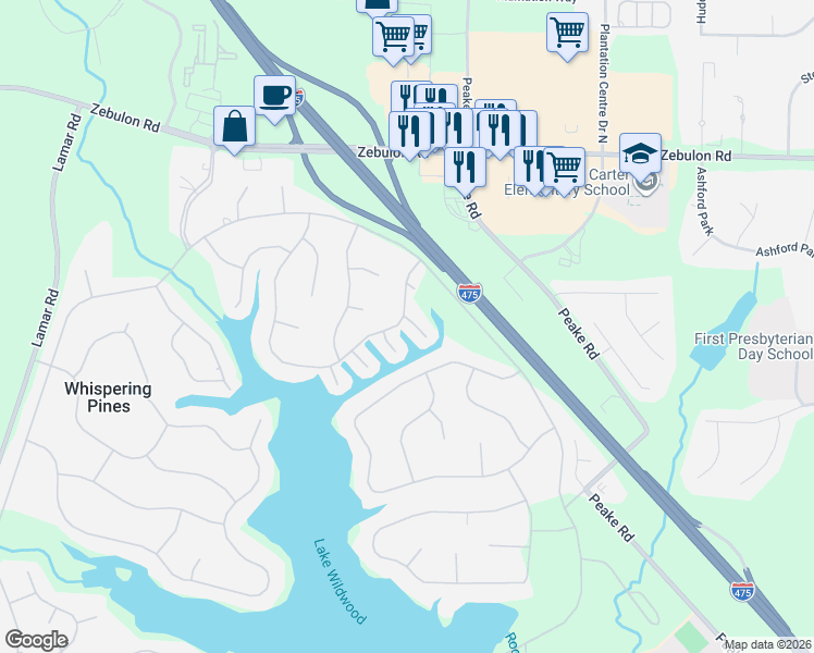 map of restaurants, bars, coffee shops, grocery stores, and more near 423 Edgewater Circle in Macon